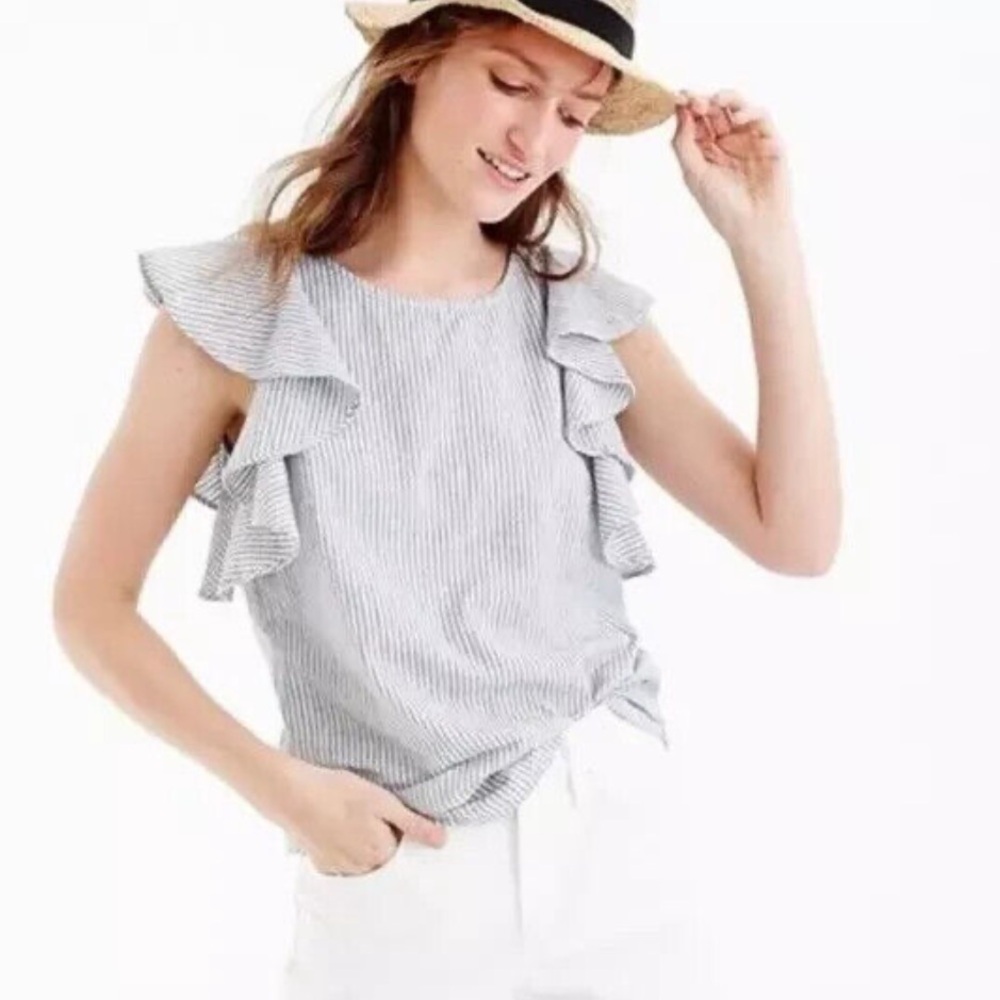 J. Crew Blue and White Stripped Ruffle Sleeve Blouse - Size 10